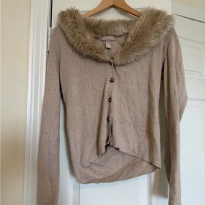 Banana Republic Beige Faux-Fur Collar Cardigan
